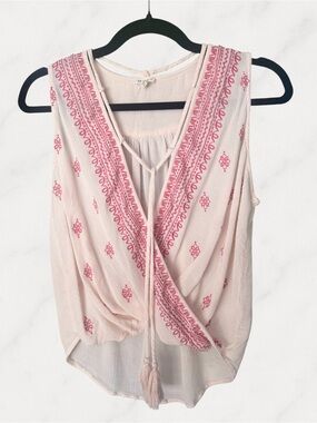 En Crème Pink Ivory Embroidered Surplus Sleeveless Wrap Top Medium